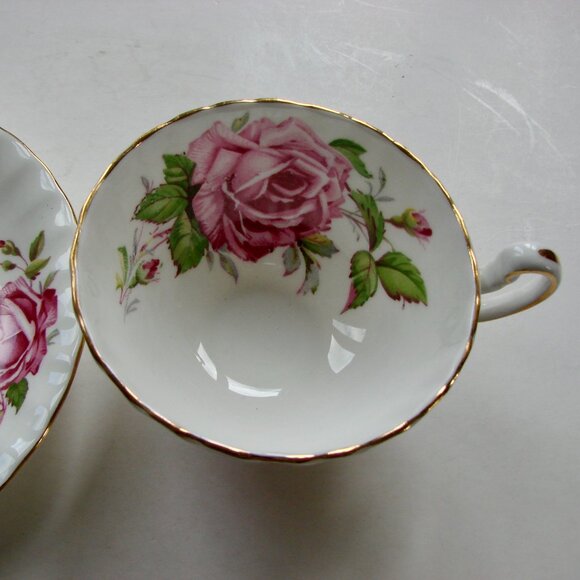 Vintage Aynsley Pink Cabbage Roses Teacup Saucer English Bone China Gold Gilt - Picture 5 of 8